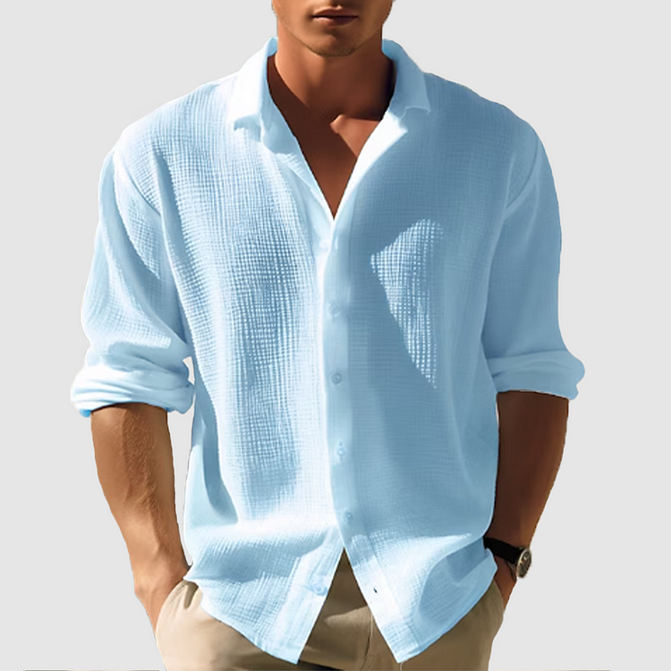 Cedric - Long Solid Color Casual Shirt with Lapel Collar