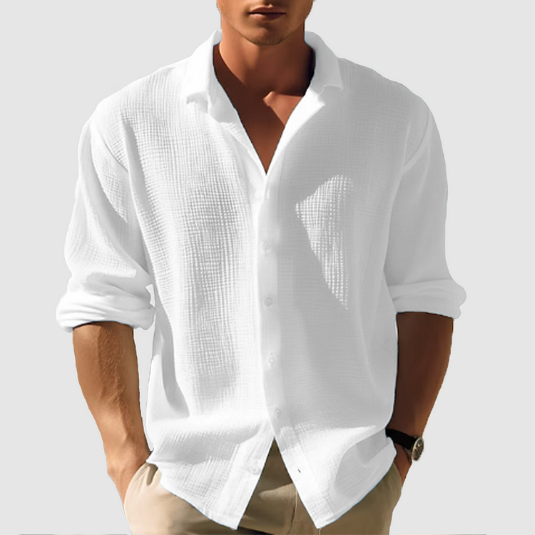 Cedric - Long Solid Color Casual Shirt with Lapel Collar