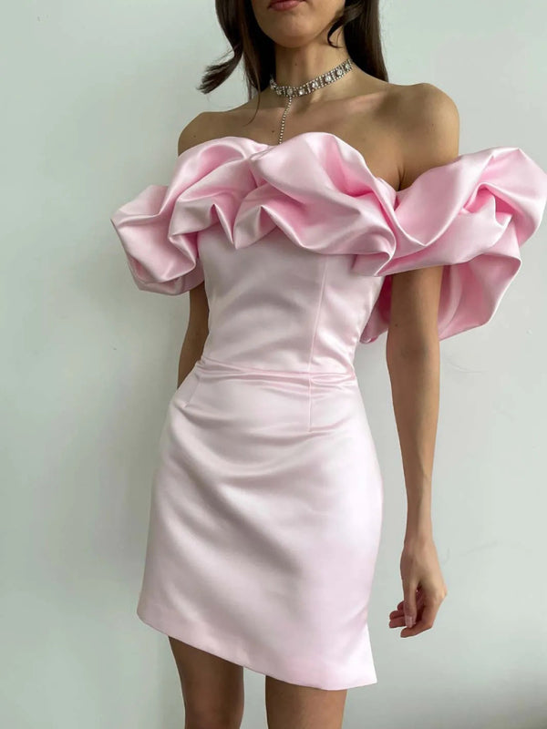 Waverly - Satin Dress with Off-Shoulder Ruffle Detail